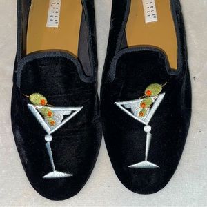 Super cool velvet loafers with martini motif.  Unisex comfy and stylish.